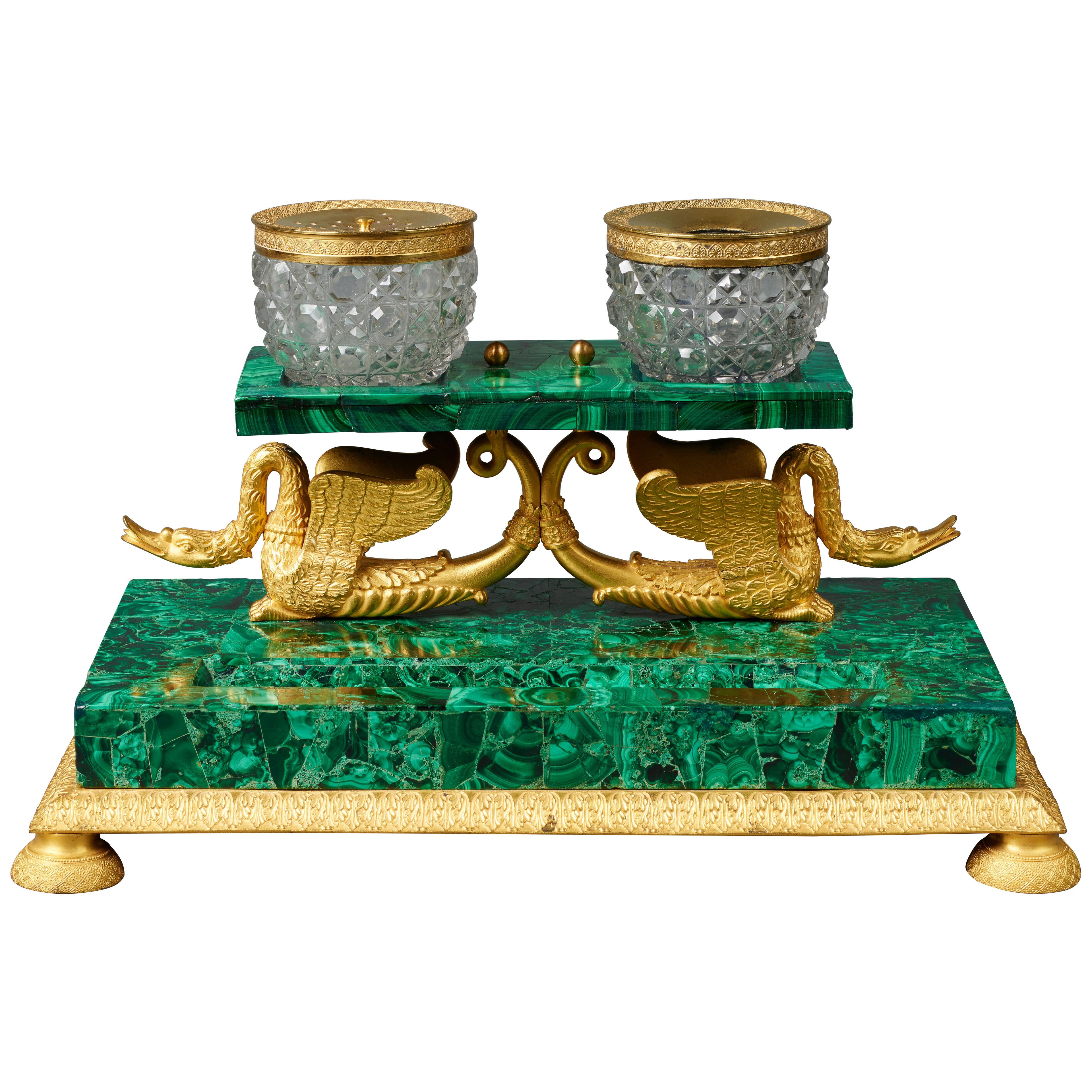 Early 19th Century Russian Empire Malachite and Ormolu Inkstand Encrier Swans