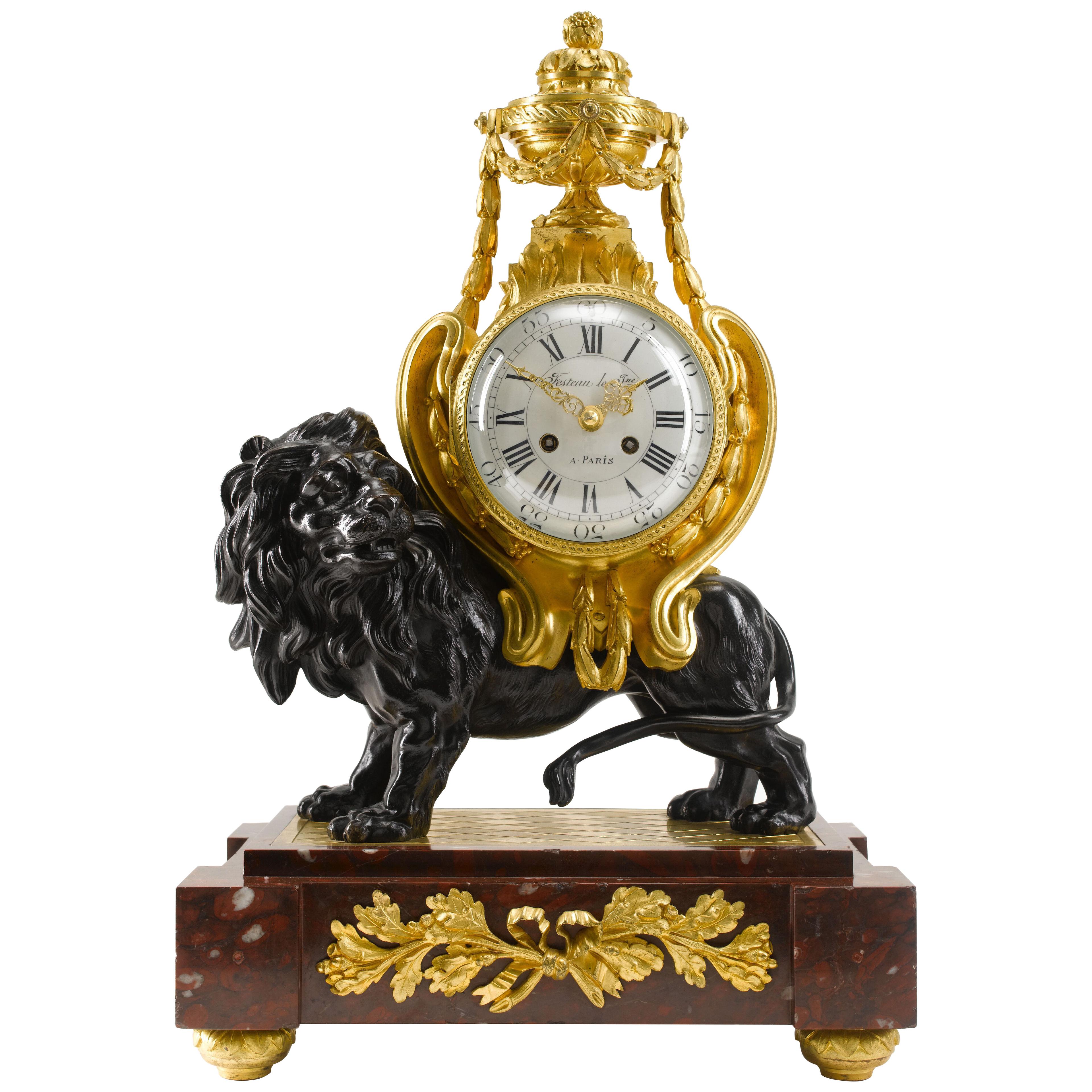 19th Century Louis XVI Style Mantel Clock of a Lion Signed Festeau Le Jeune