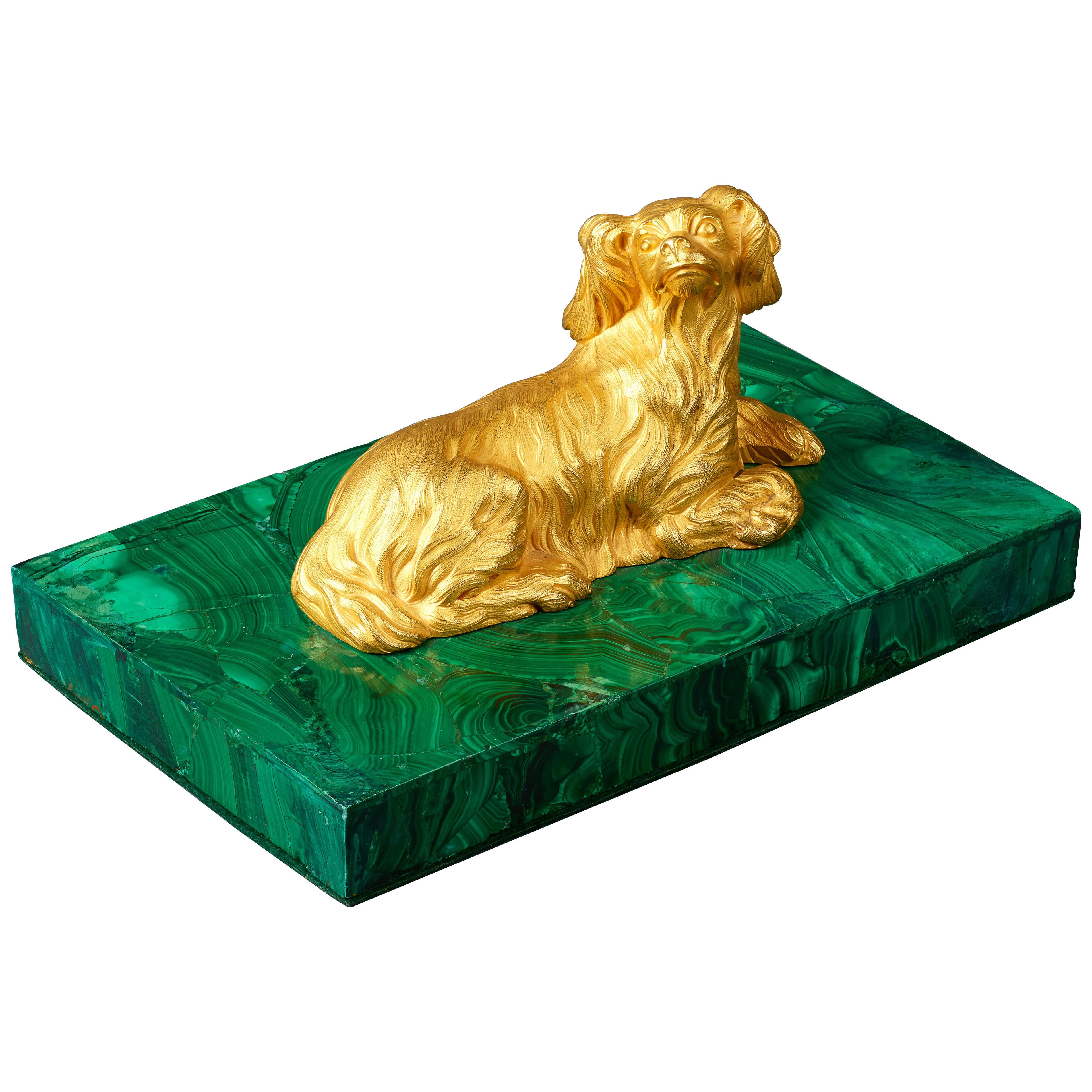 Early 19th Century Empire Russian Malachite and Ormolu Paperweight Spaniel Dog