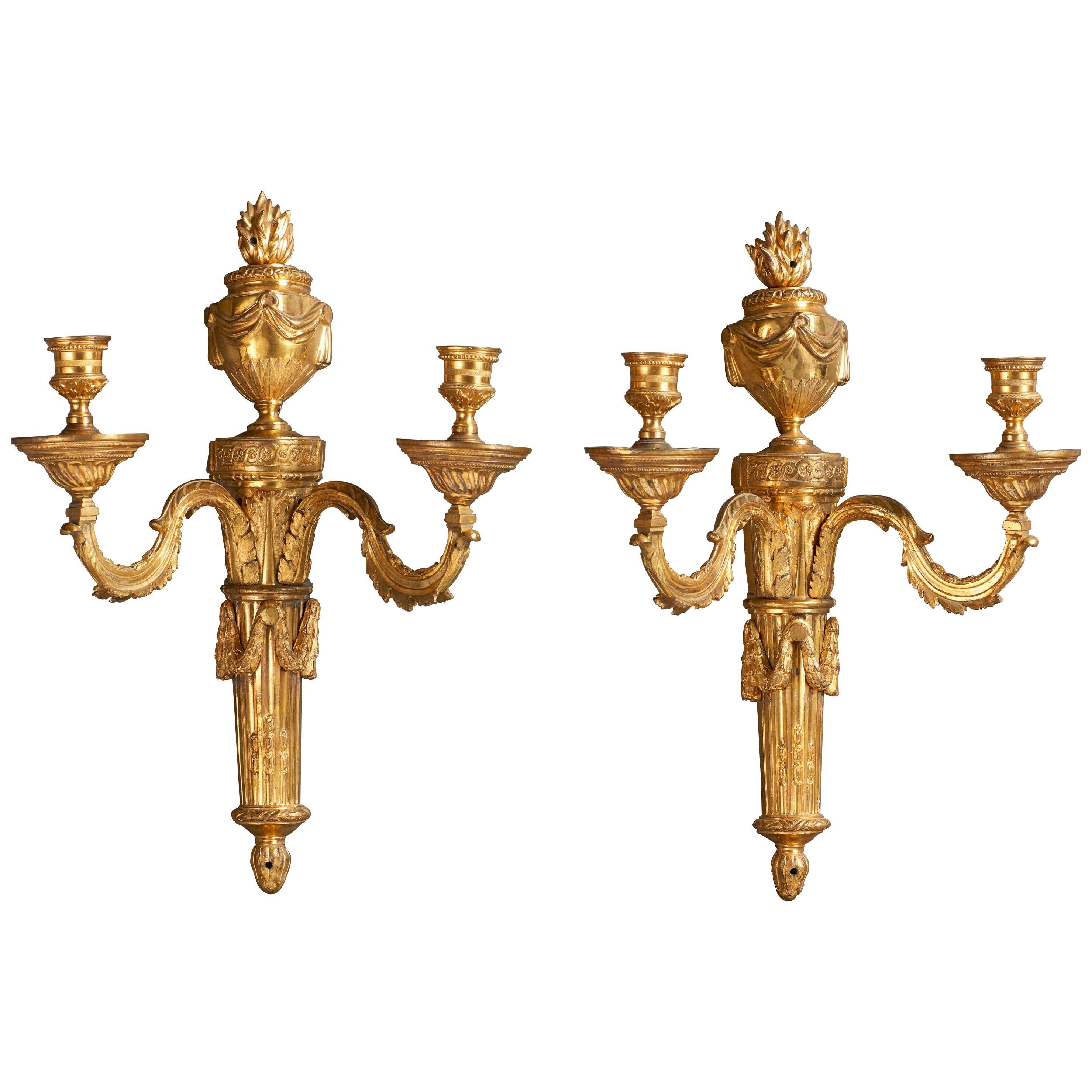 Pair of 18th Century Louis XVI Gilt Bronze Two-Branch Wall Lights Scones