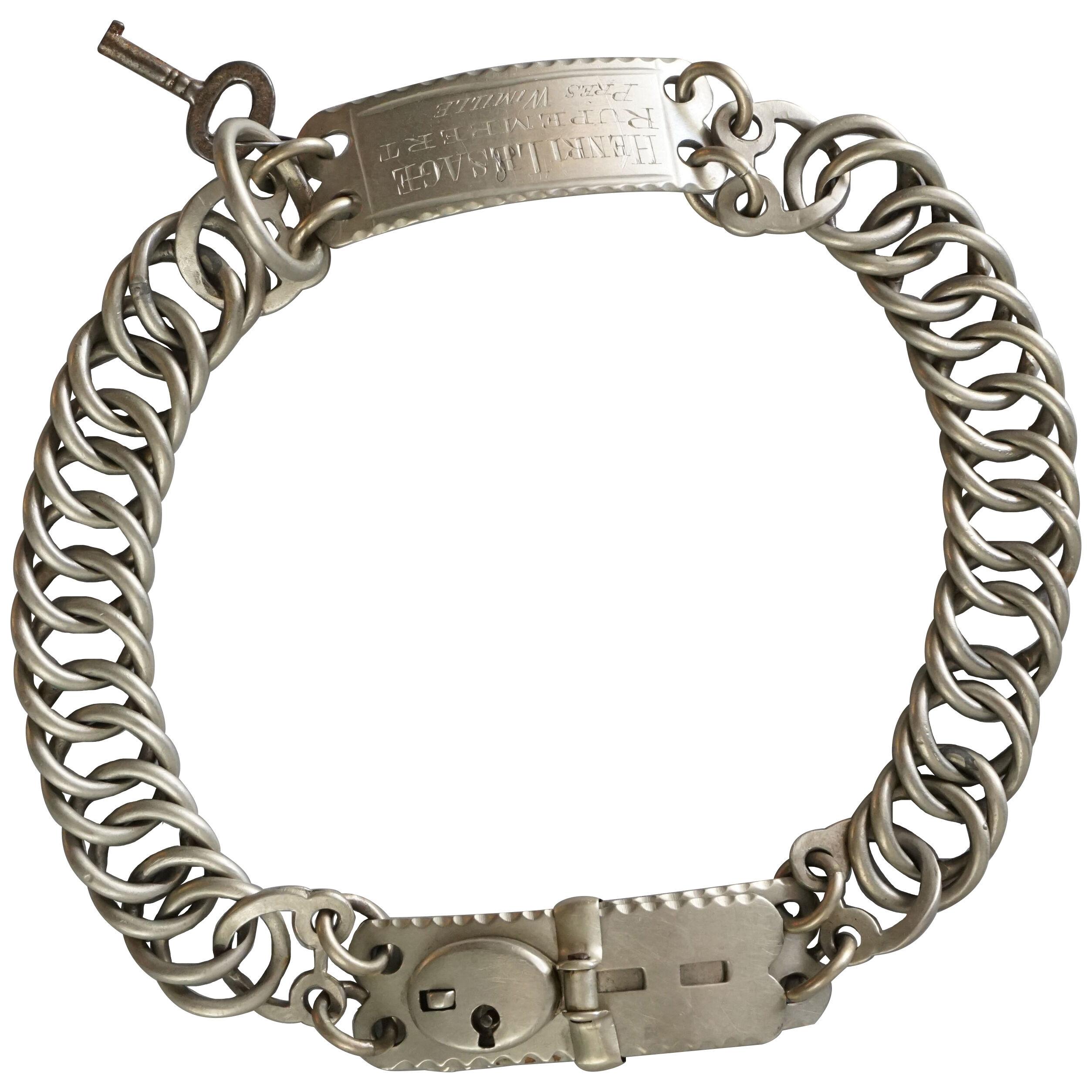 19th Century Nickel Silver French Adjustable Linked Dog Collar with Lock and Key