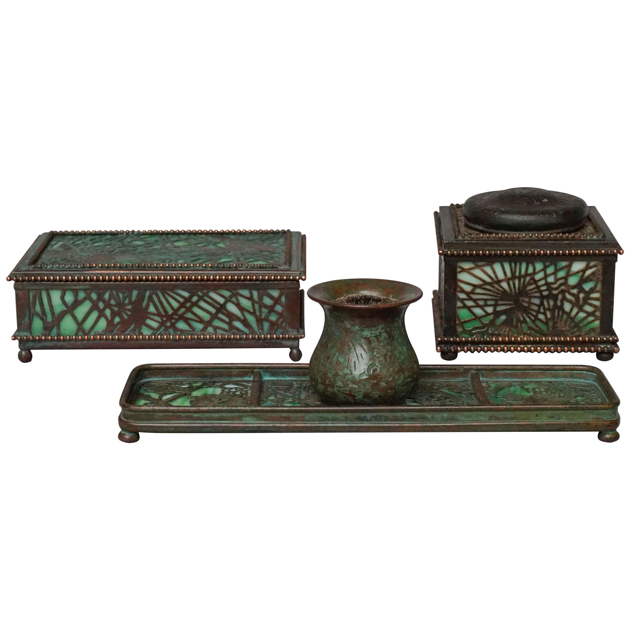1905-1920 Green Slag Glass and Bronze Desk Set by Tiffany Studios New York