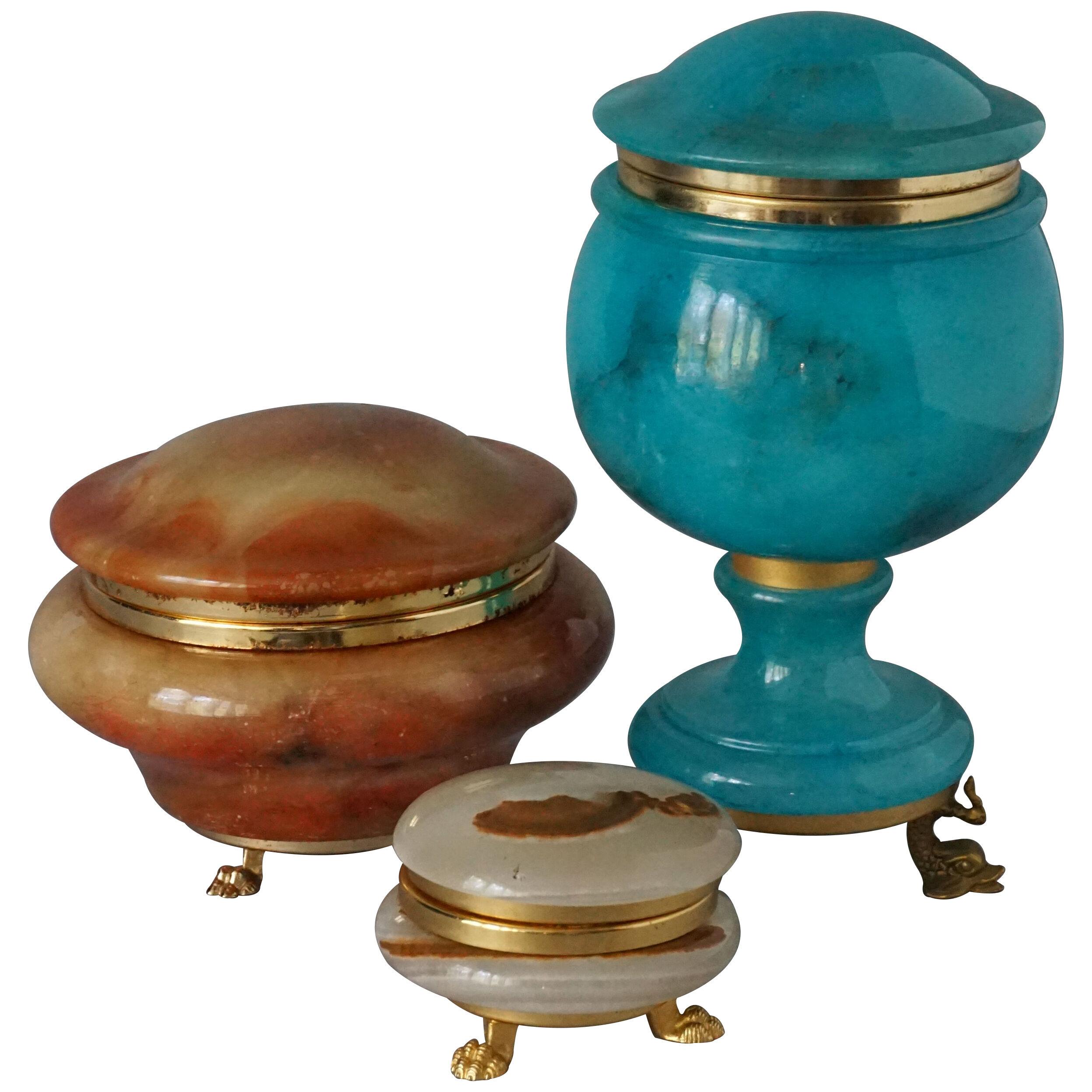 Three MCM Italian Alabaster and Brass Claw Dolphin Footed Lidded Jewellery Boxes