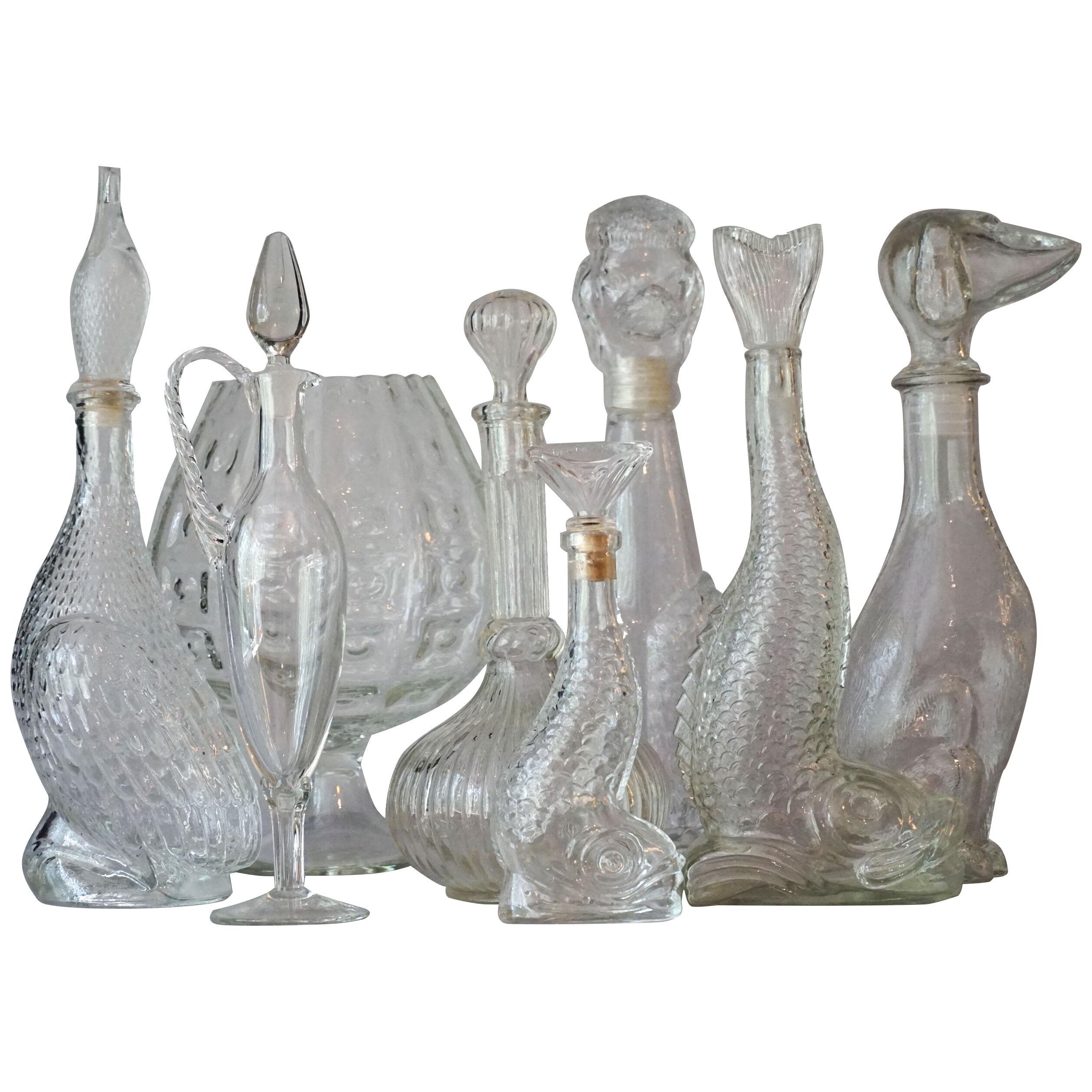 Eight 1960s Clear Glass Italian Empoli Duck Dog Fish Decanters Bottles and Vases