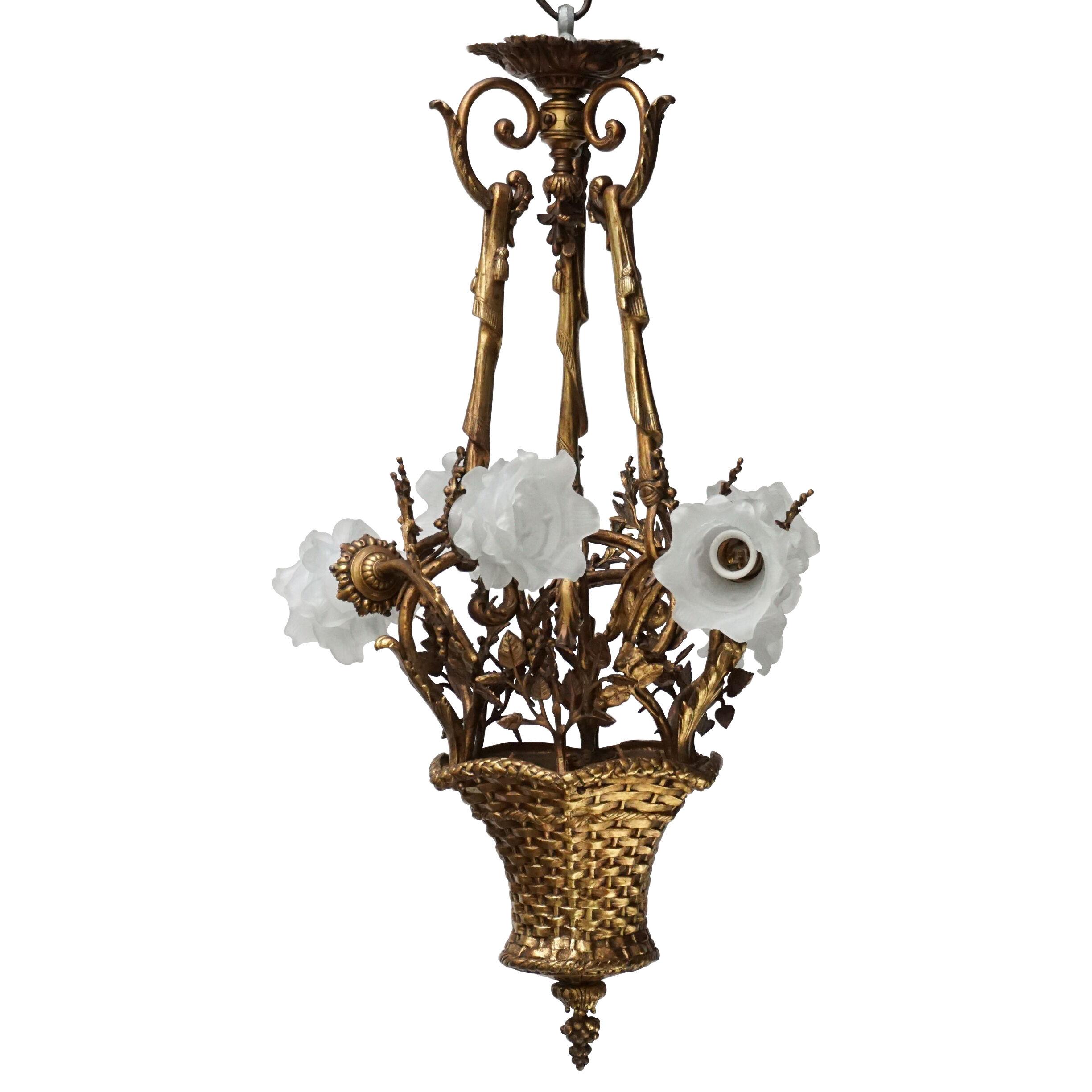 19th C. French Gilt Bronze Basket with Glass Roses, Marie Antoinette Chandelier