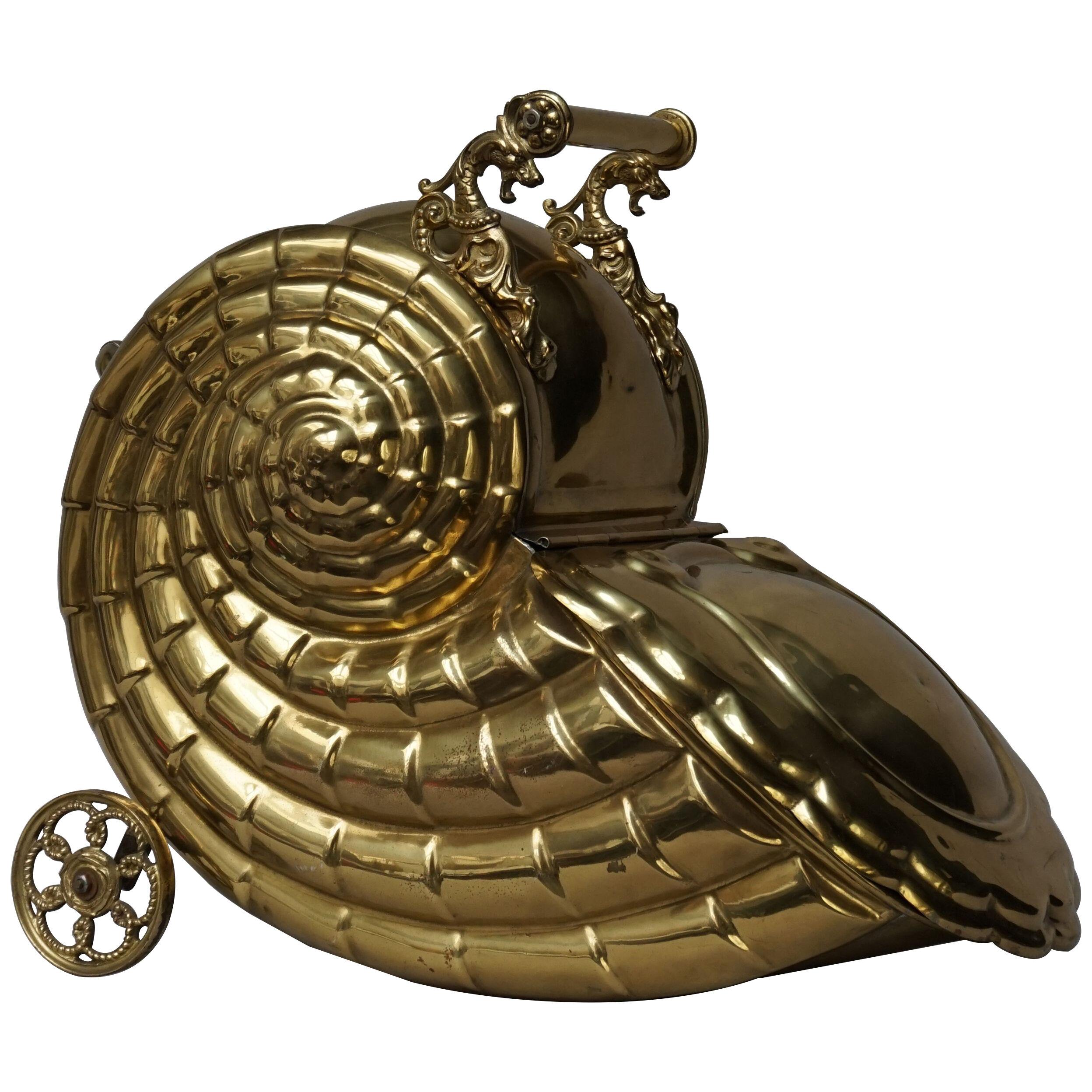 19th Century Victorian Brass Nautilus Shell Shaped Coal Scuttle or Purdonium