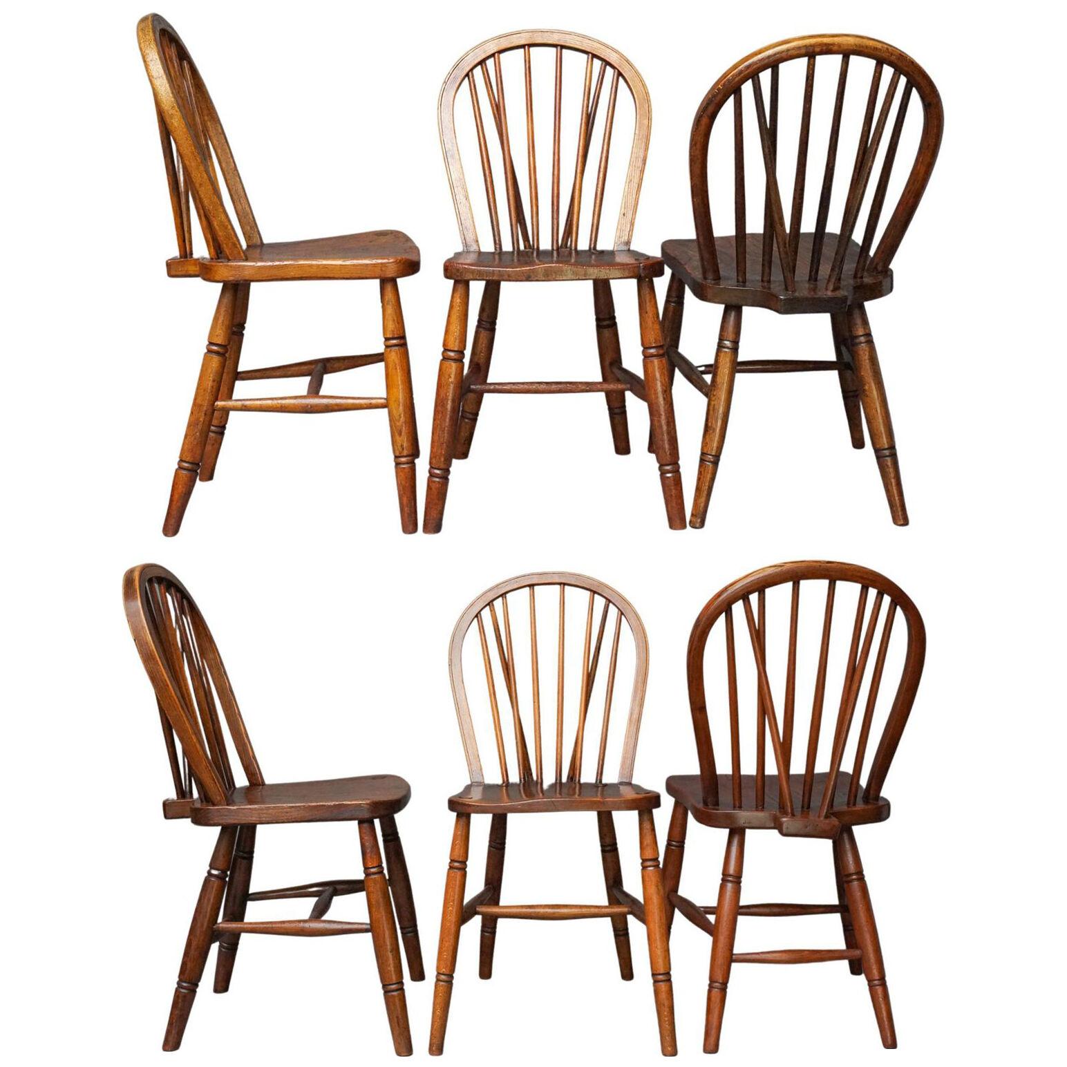 Set of six 19th Century English Windsor Elmwood Hoop Back Kitchen Table Chairs