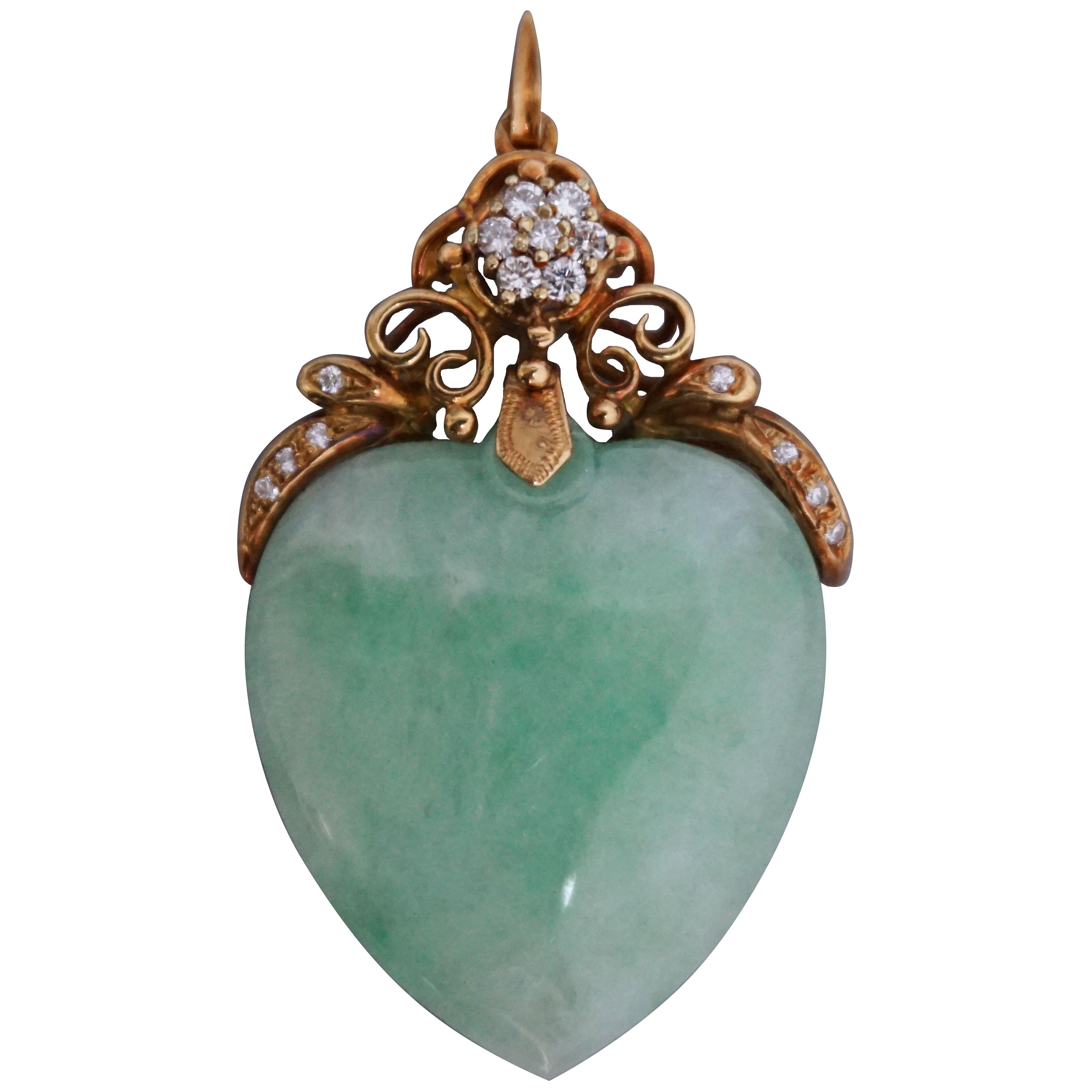 Large, 1900s Victorian Gold and Jade Heart Pendant with Brilliant Cut Diamonds