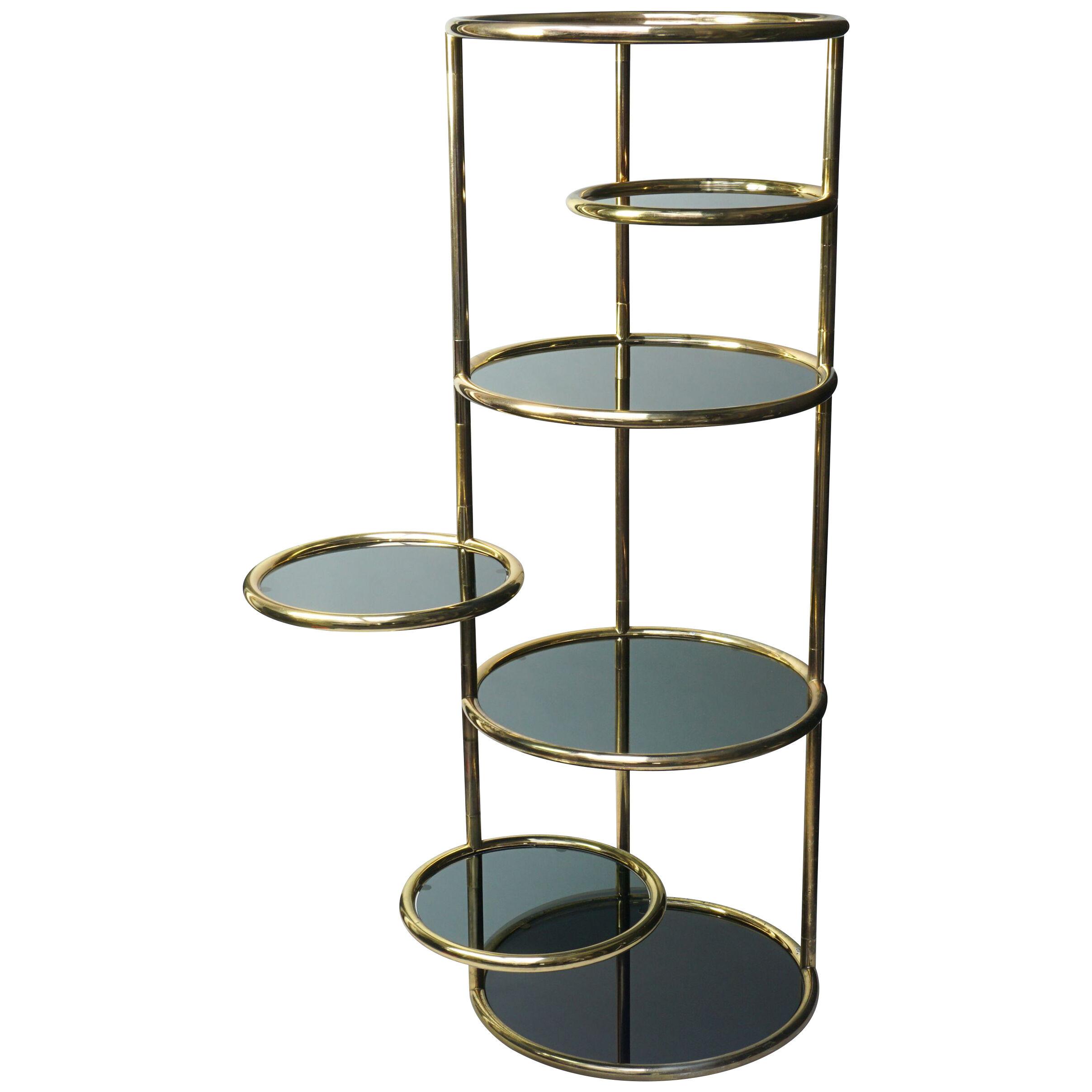 Large 1960s Milo Baughman Style Seven Tiered Brass Smoked Glass Swivel Étagère