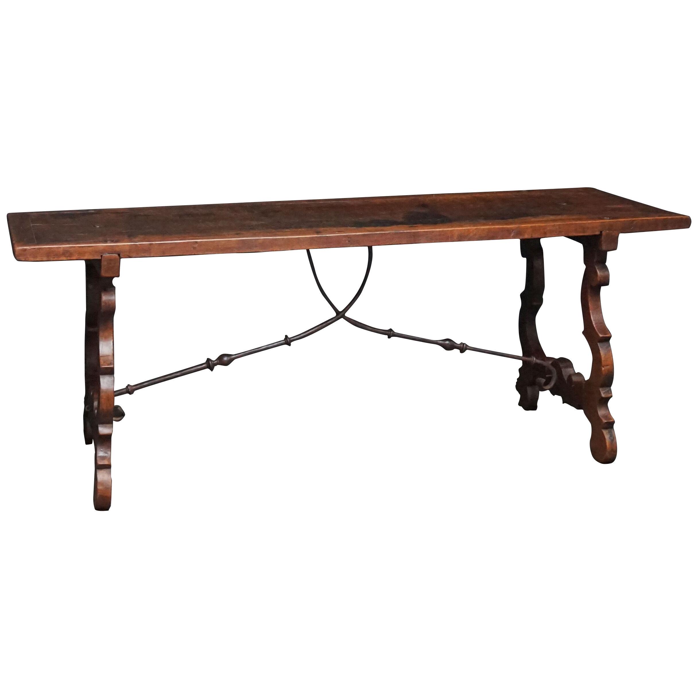 Large 18th Century Spanish Walnut Refectory Kitchen or Dinner Table on Lyre Legs