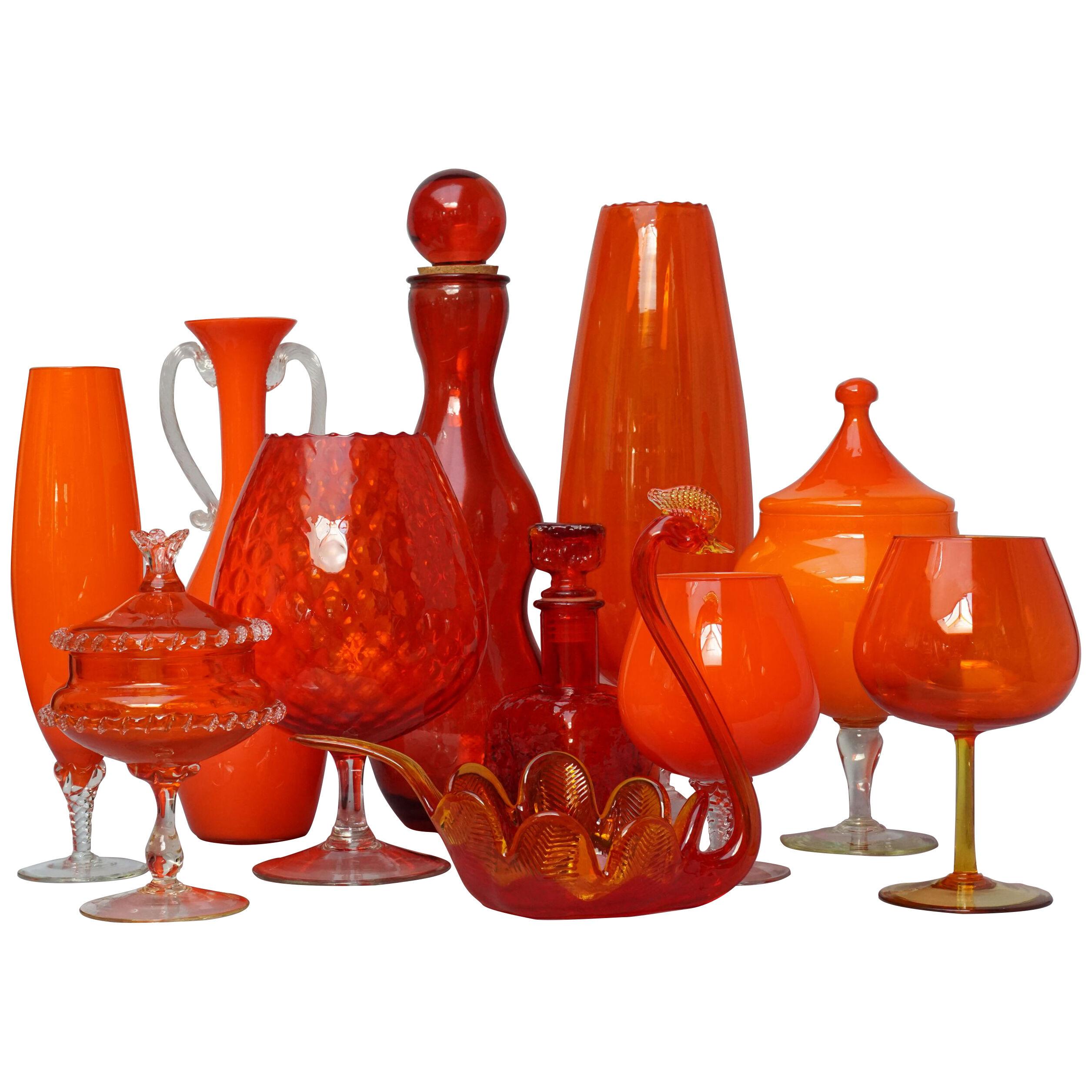 Eleven Tangerine 60s Italian Empoli Rossini and Cased Glass Decanters Vases Jars