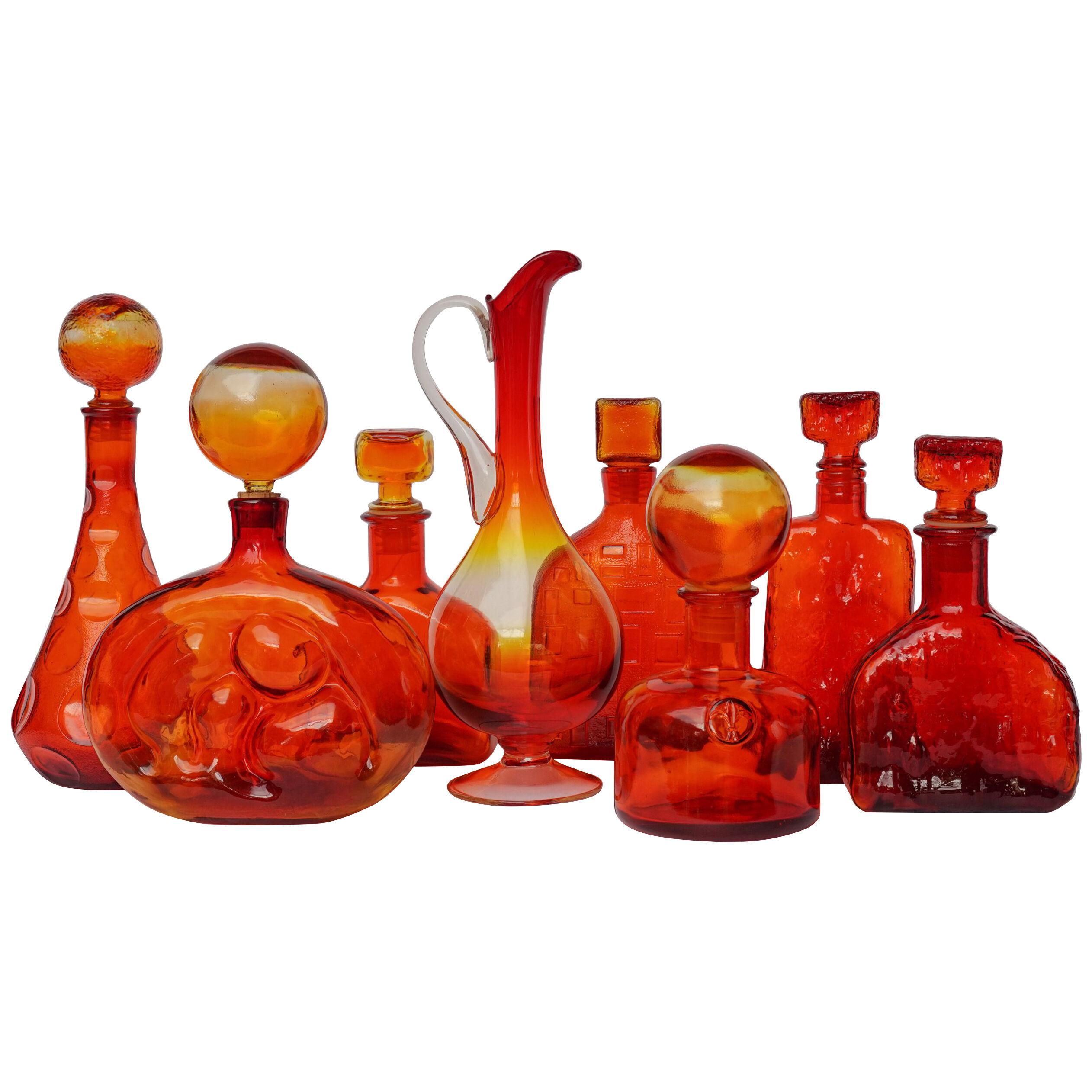 Eight Tangerine Amberina 60s Italian Empoli Rossini Glass Decanters Blenko Style