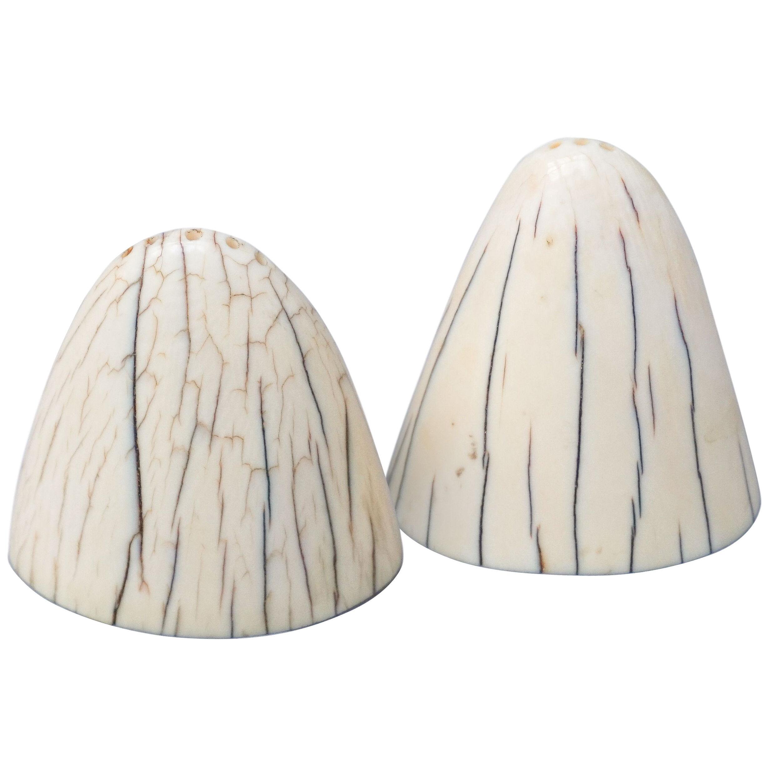 1920s Art Deco Tip of Walrus Tusks Salt and Pepper Shakers with Silver Bottom