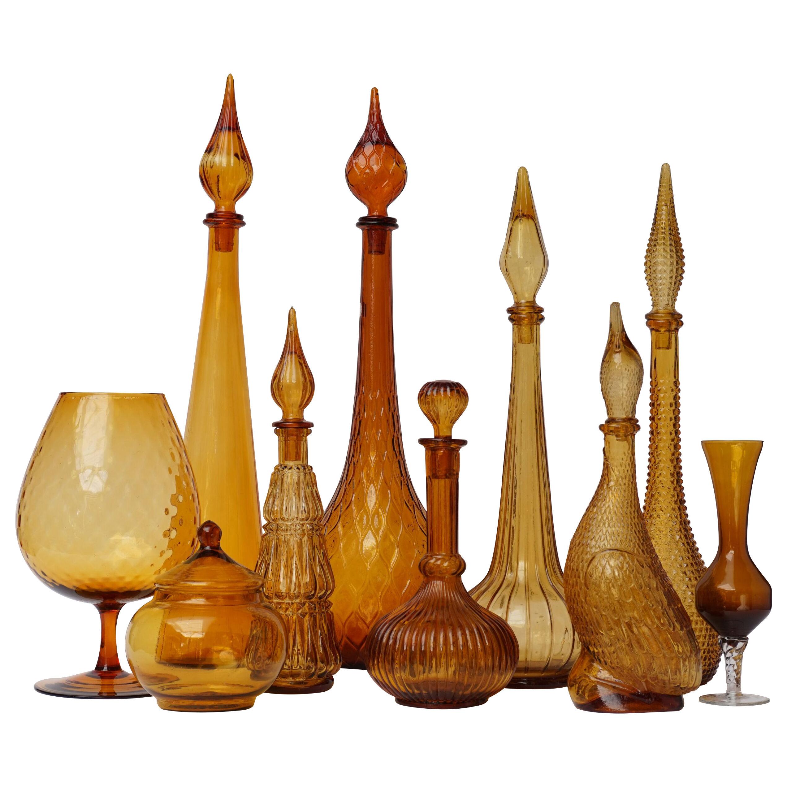 1960s Amber Glass Set of Ten Italian Empoli Genie Bottles, Vases and a Candy Jar