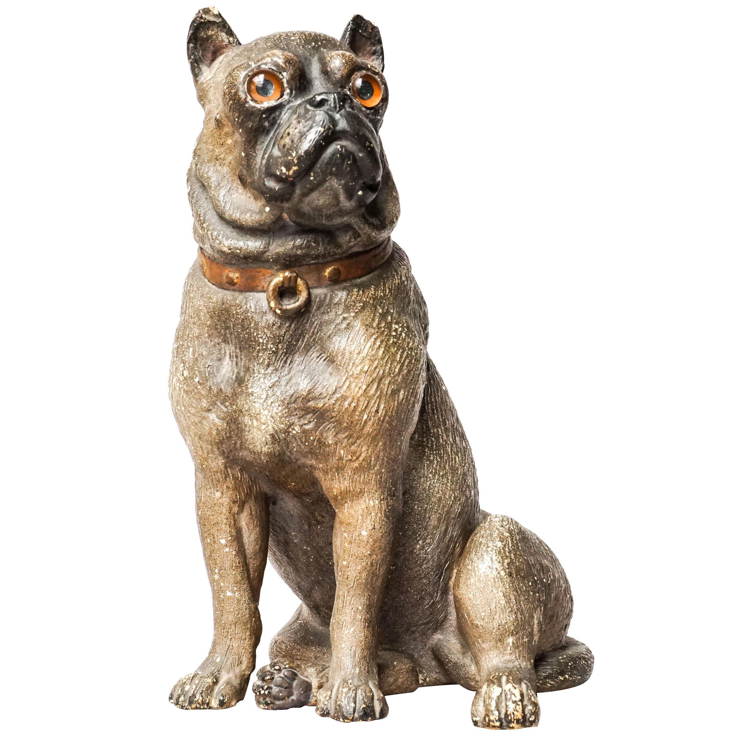 19th Century Austrian Seated Ceramic Pug Dog with Red Collar and Glass Eyes