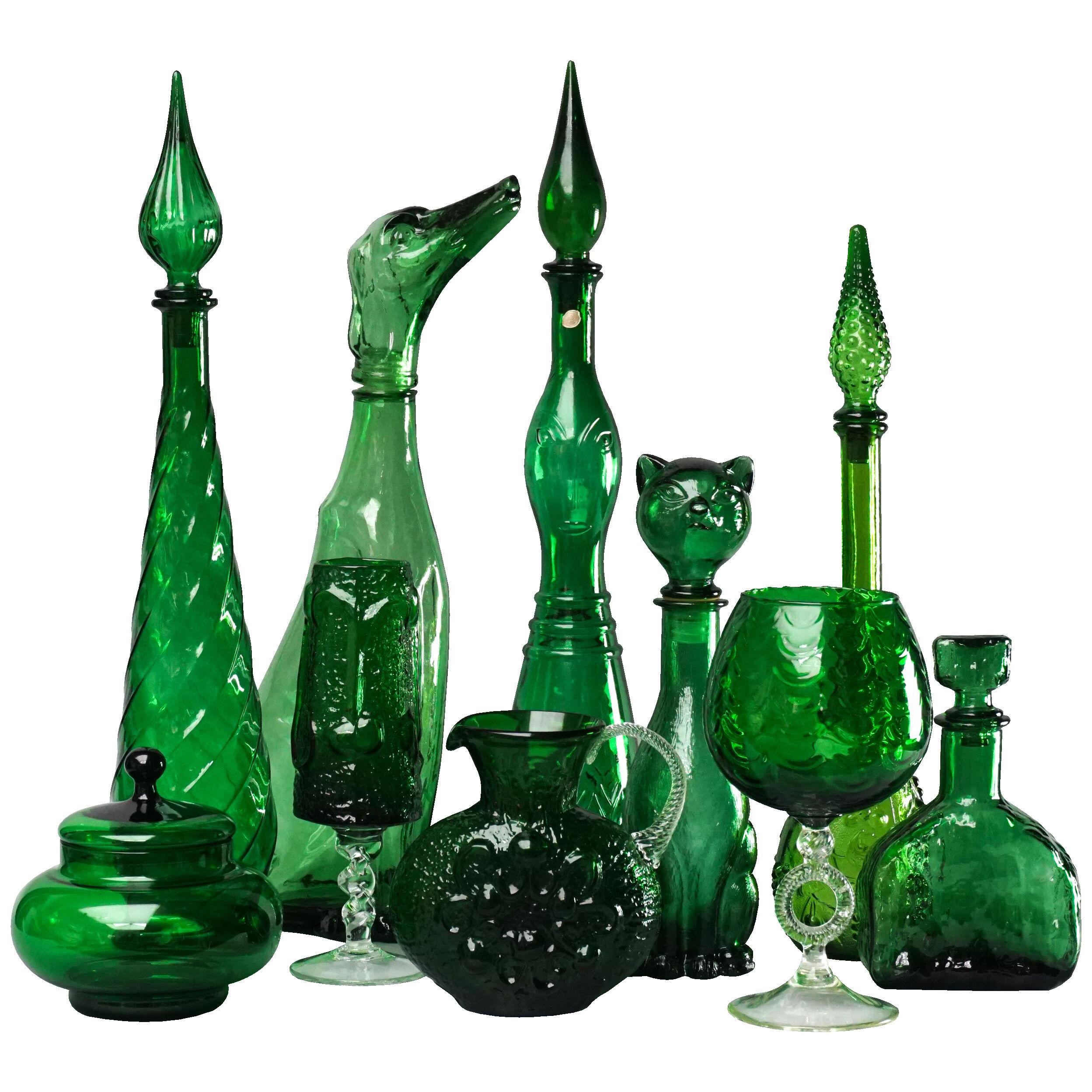 1960s Ten Italian Empoli Green Glass Genie Bottles Decanters Vases and Candy Jar