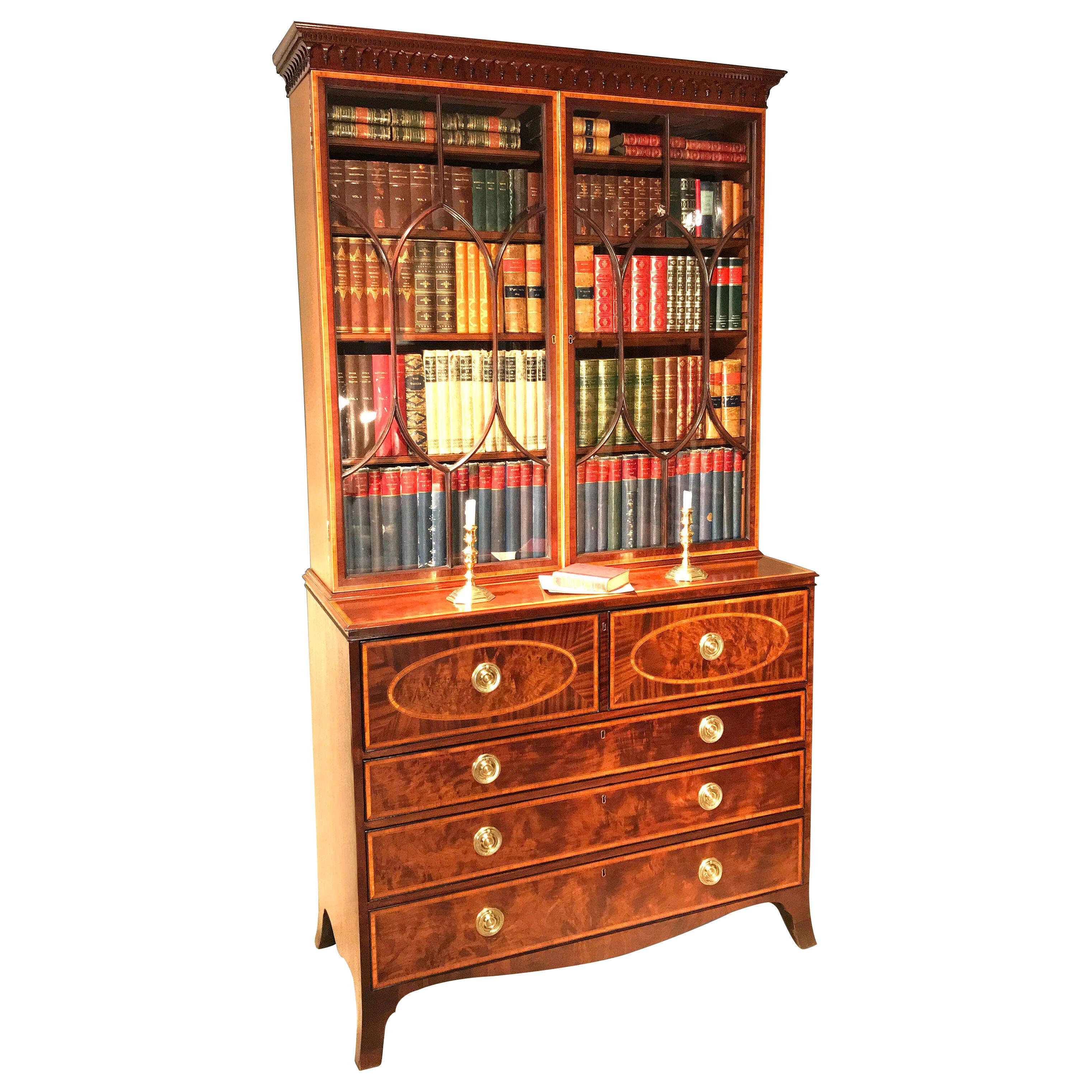 George III Period Inlaid Mahogany Secretaire Bookcase