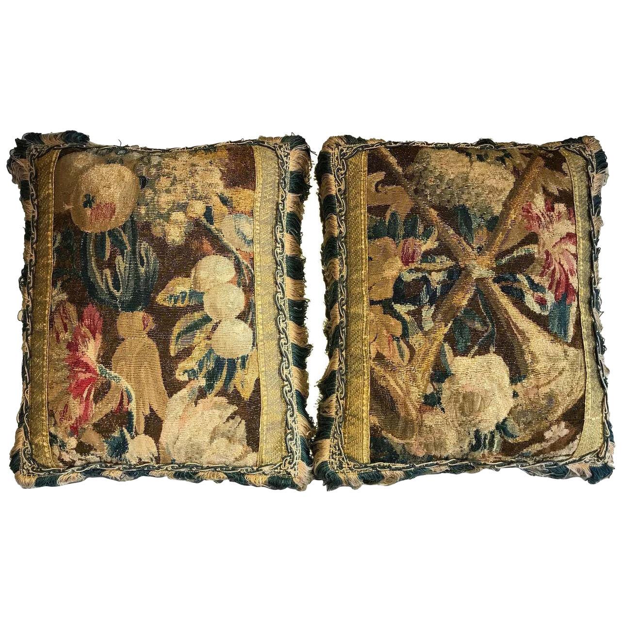Pillows Cushions Pair Tapestry Baroque Brussels Floral Fruit Red Brown Blue Buff