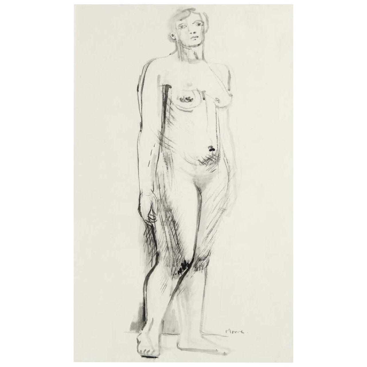 Henry Moore, Standing Nude, Pen, Ink, Charcoal on Paper, Figurative, 1930 signed